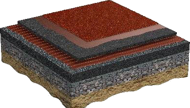 Верхний слой – смесь полиуретана и EPDM – гранулята. Наносится распылением с использованием специализированной техники.